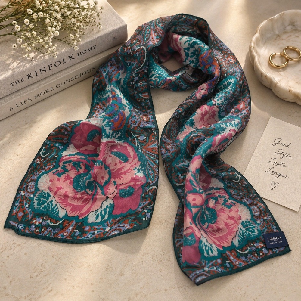 Honey Vintage 100% Silk Scarf Floral Paisley Pink Teal Oblong Boho Maximalist